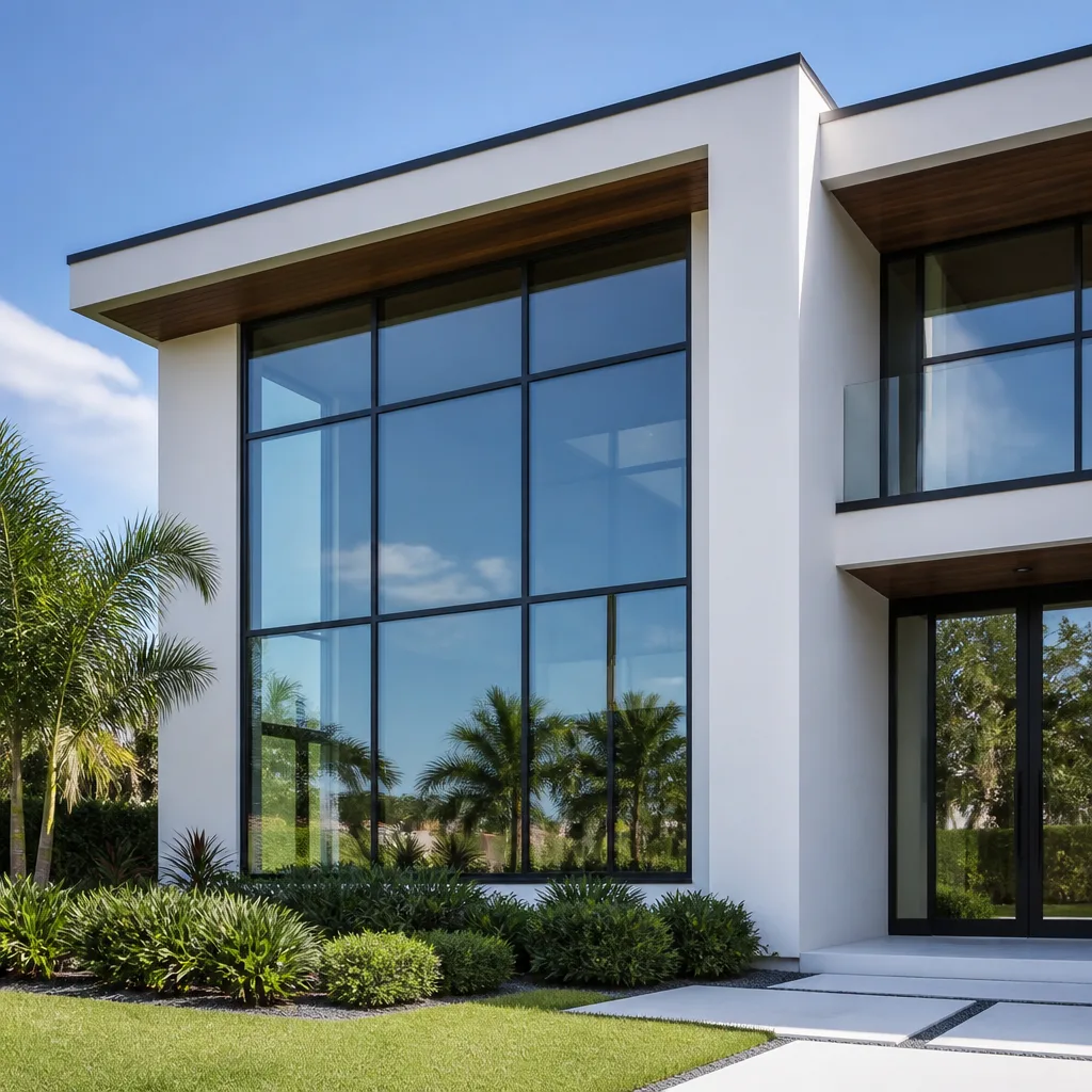 Modern luxury home exterior with floor to ceiling black frame geometric windows in Bradenton, FL