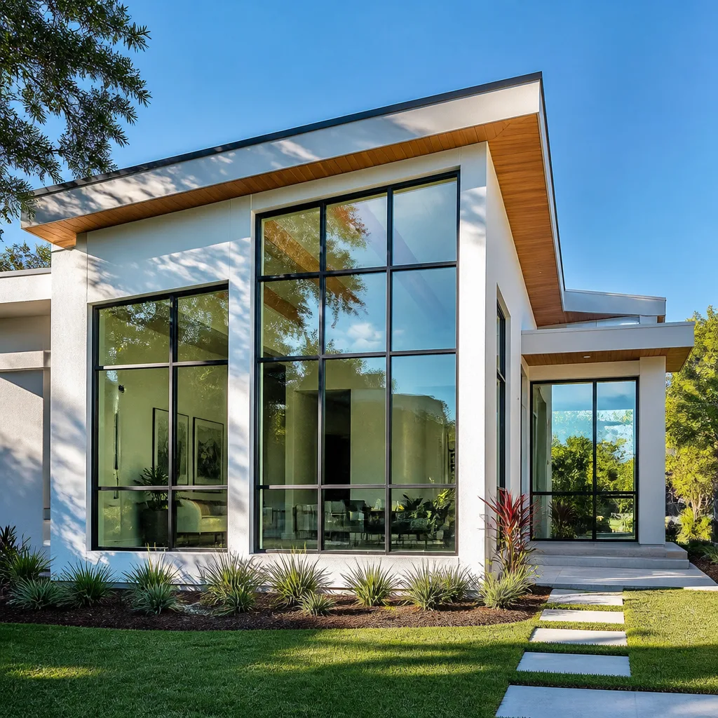 Modern home exterior featuring large custom geometric black metal windows nationwide