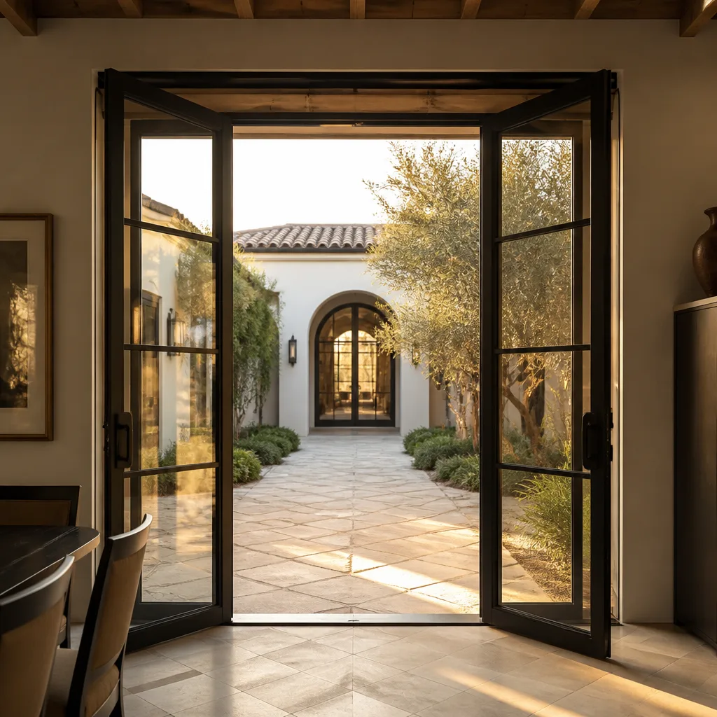 Custom luxury steel double doors opening into a sunlit courtyard nationwide