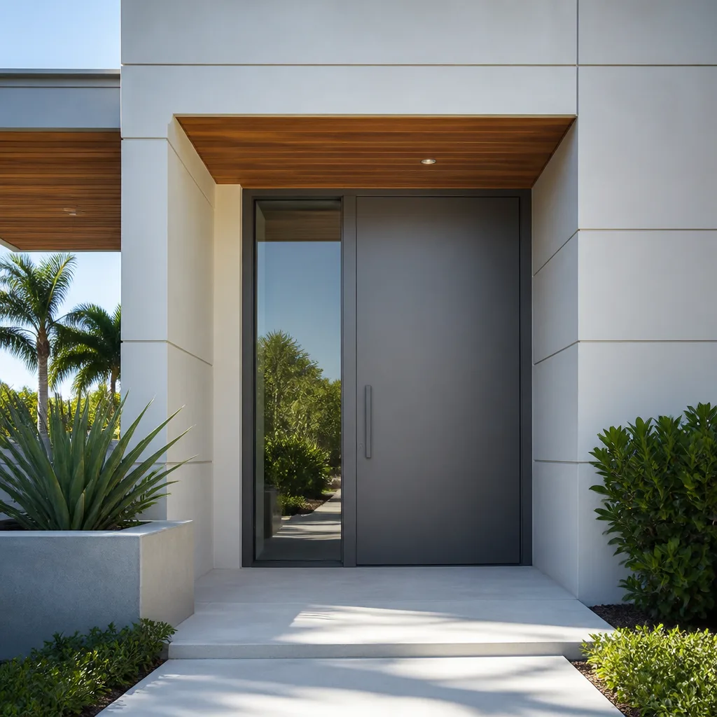 Modern charcoal grey front door with sidelight in contemporary home entryway in Venice, FL