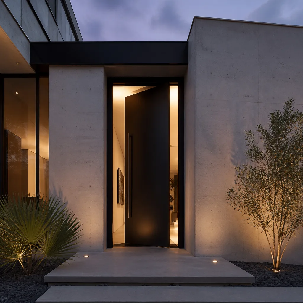 Modern minimalist black pivoting front door installation in a contemporary concrete home in Sarasota, FL