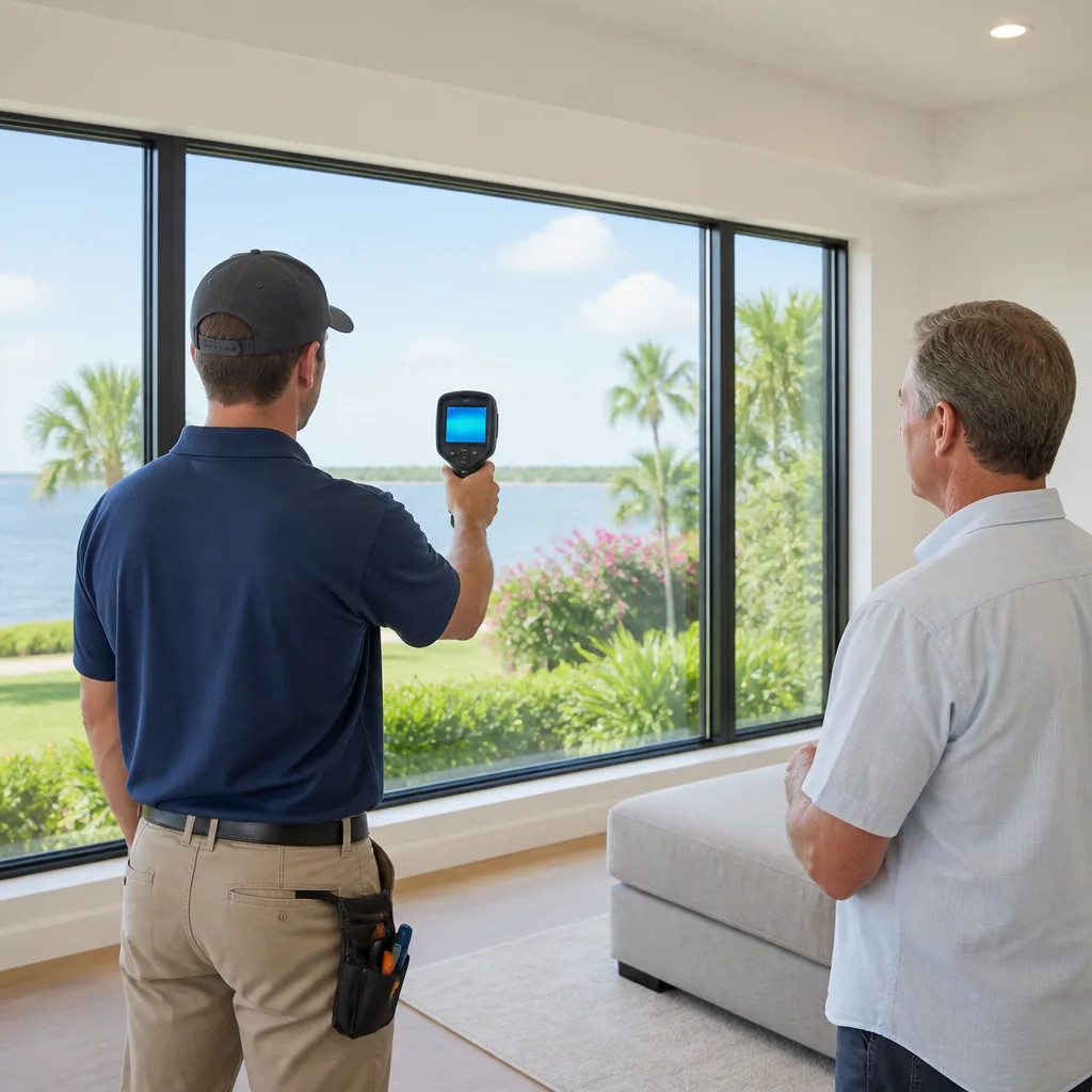 Technician using thermal camera to inspect energy-efficient home windows in Sarasota, FL