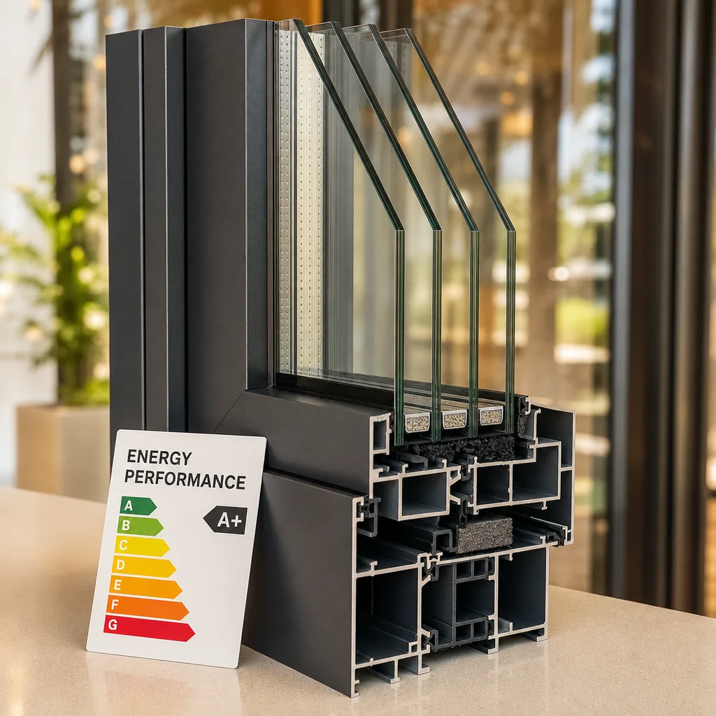 Cross-section of an energy-efficient triple-pane window with an A+ rating label nationwide