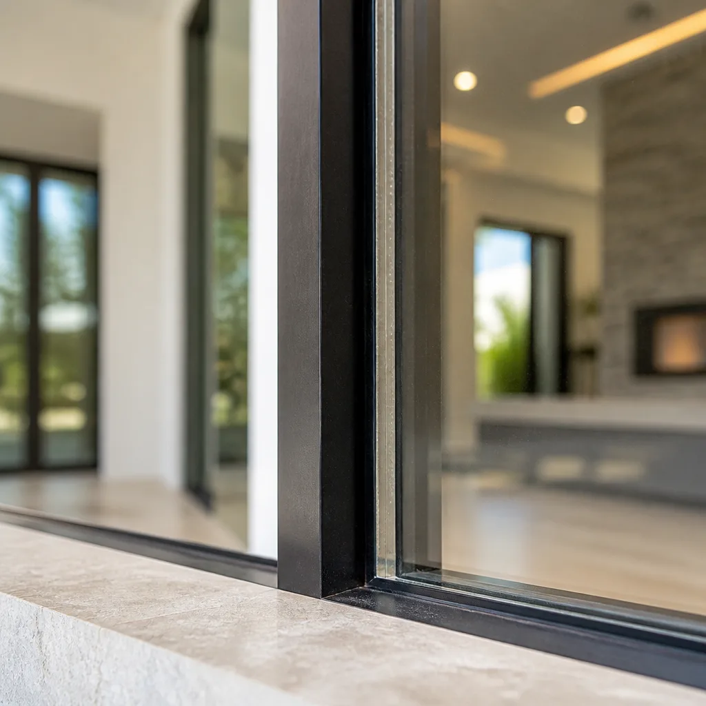 Modern black-framed impact resistant windows and doors for residential architecture. nationwide