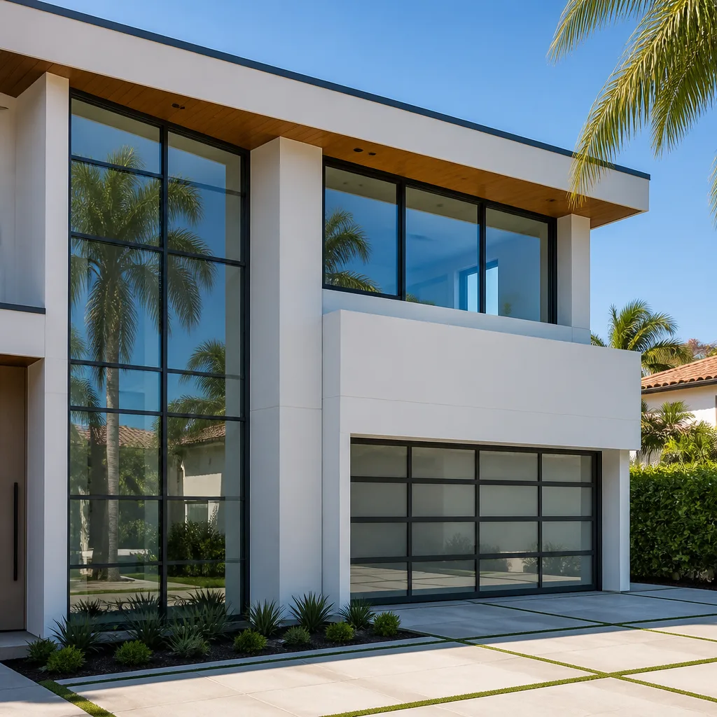 Modern home exterior with custom impact garage door and large glass windows in Sarasota, FL