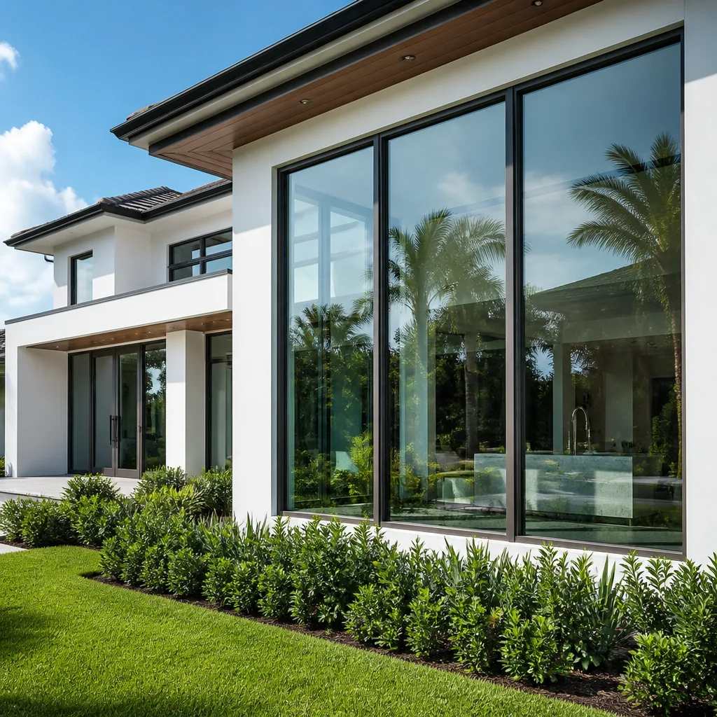 Modern luxury home exterior with custom black-framed impact windows and doors.