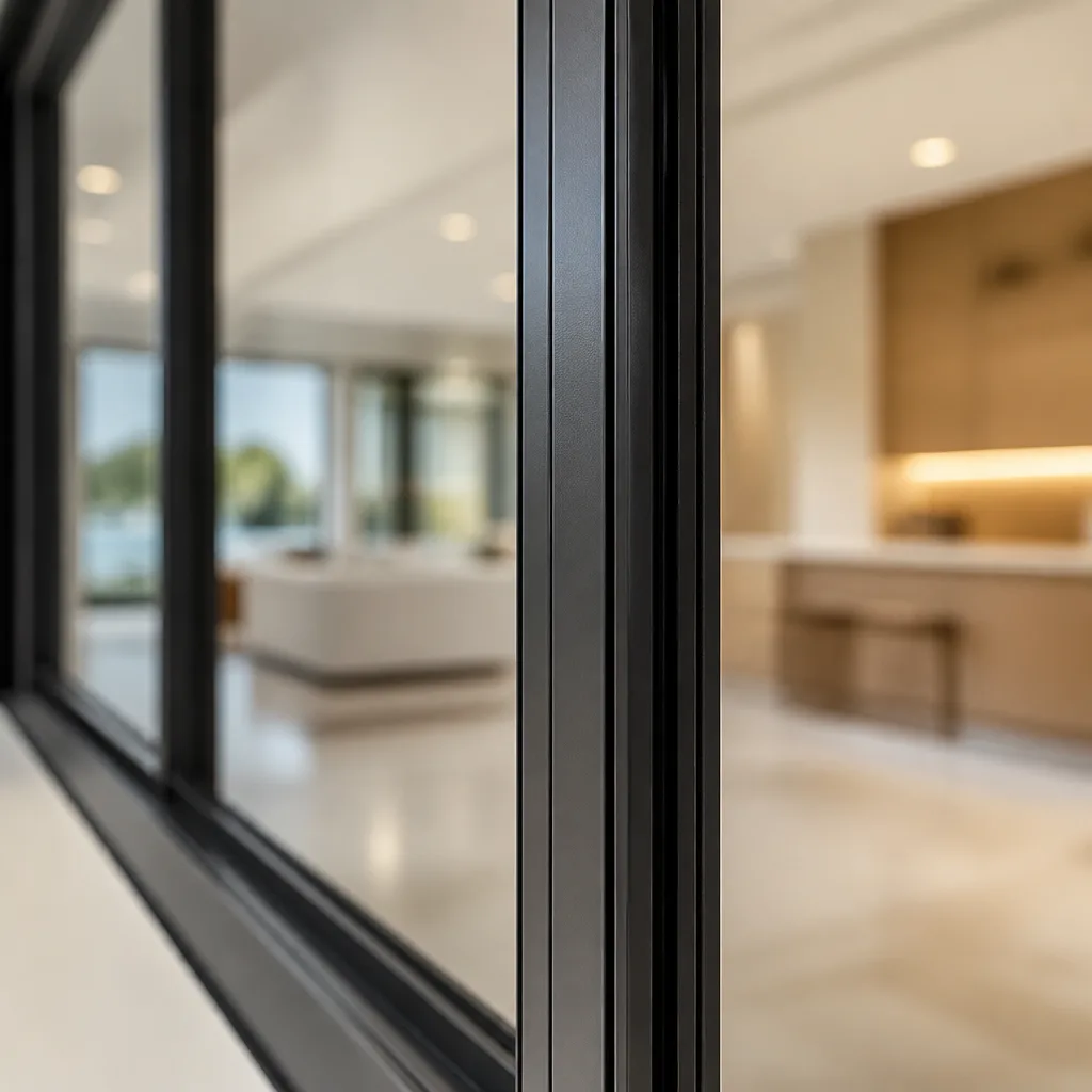 Modern dark-framed window system looking into a bright contemporary kitchen space in Venice, FL