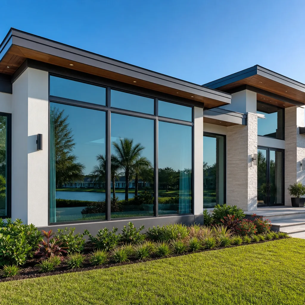 Modern home exterior with large glass windows and elegant entry doors nationwide