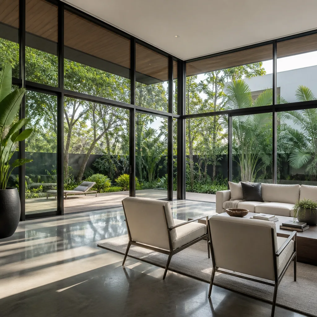 Modern floor-to-ceiling glass windows and sliding doors in a luxury living room nationwide