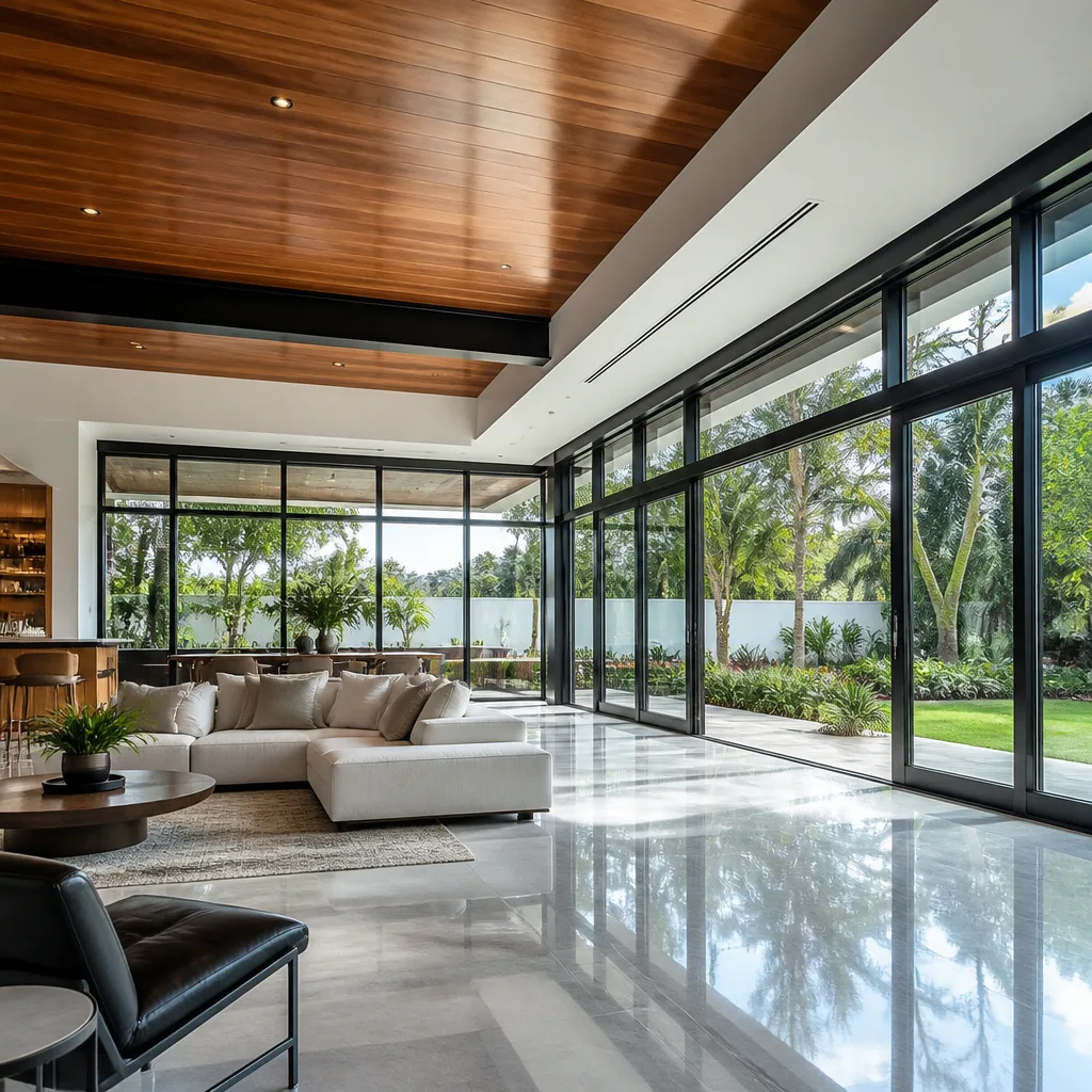 Modern floor-to-ceiling glass sliding doors in a luxury home living room in Venice, FL