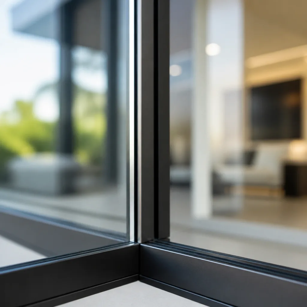 Modern black metal window frame corner detail for residential architecture nationwide