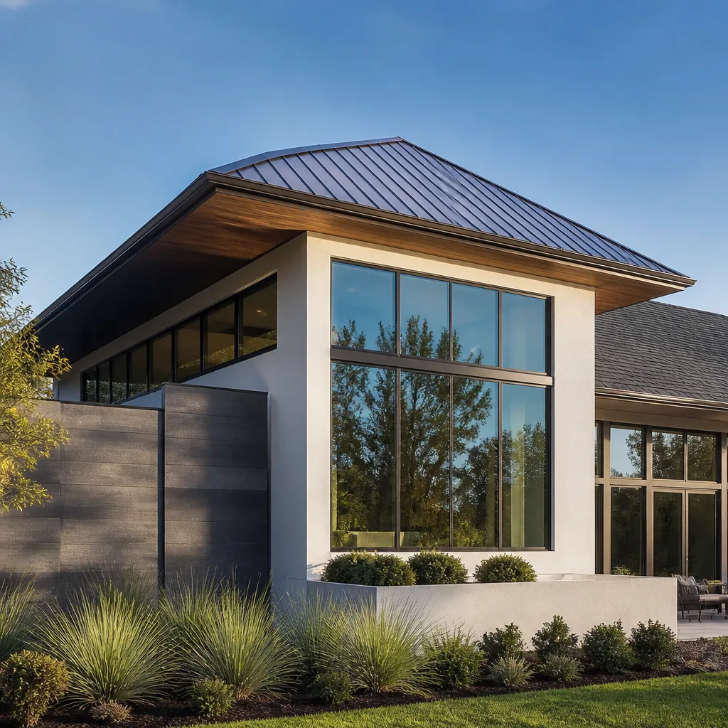 Modern home featuring premium metal roofing and large glass window installations. nationwide