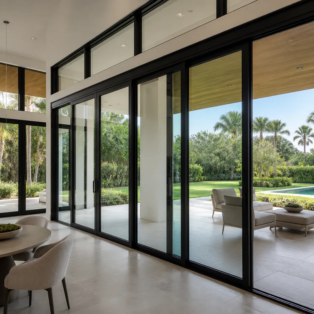 Modern floor-to-ceiling sliding glass patio doors in a luxury home. nationwide