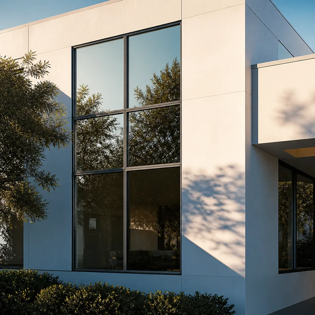Modern residential window installation showcasing large black-framed glass windows in Sarasota, FL